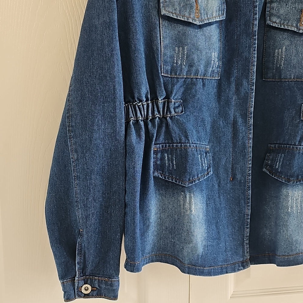 NWOT JEANS Women's Jean Jacket Multiple Pockets Zip Elastic Waist Distressed L - Picture 9 of 16
